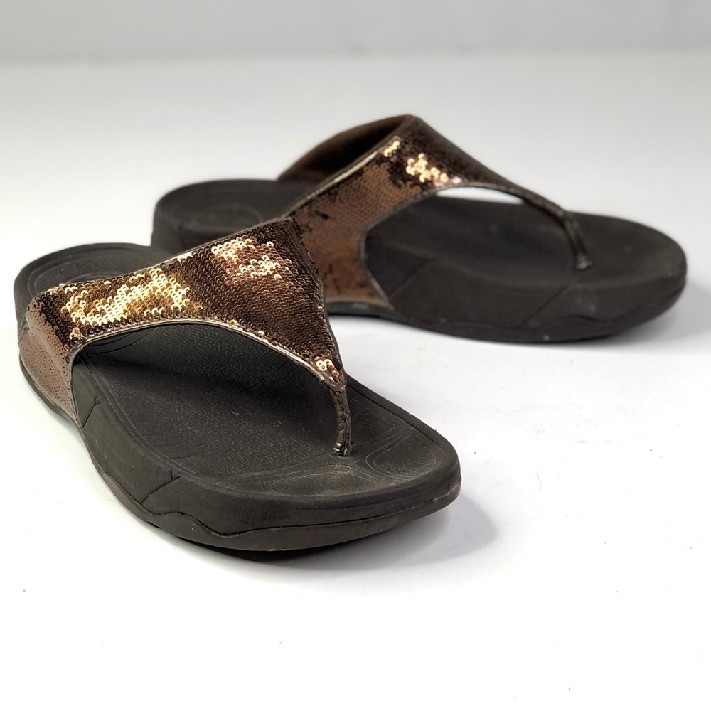 FitFlop thong sandals metallic bronze sequins supportive rubber sole 6